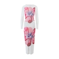 Detail van transparante mesh-jurk met roze bloemenprint en lange mouwen op witte basis - S / Kleurrijk