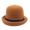 Caramel knitted bowler hat with black leather strap and brim for middle-aged women - M (56-58cm) / Caramel color