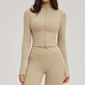 Slim fit yoga jacket in beige featuring a high collar and secure zip closure design - Light Camel
