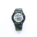 Digital kids watch with blue and green camouflage silicone strap and LED display - Black