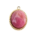 Oval pink gemstone pendant with gold-plated beaded border and top ring for DIY jewelry - Rhodonite