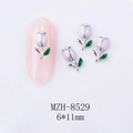 Macro shot of purple tulip nail charms with green leaves and silver metal edges - Pale Purple Tulip White K Base (8529)