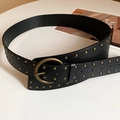 Chic black leather belt featuring three rows of brass round studs and a circular pin buckle - 20# Waist Chain - Black