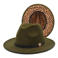 Detail of army green fedora hat featuring gold M buckle and leopard print underbrim - M (56-58cm) / Army Green