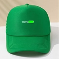 Close-up of green trucker hat featuring white 100 percent battery power icon print - Olive Green