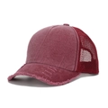 Distressed burgundy trucker hat with washed cotton front and breathable mesh back - One Size / Burgundy