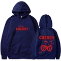 Navy blue drawstring hoodie featuring cherry and number 8 graphic print on front and back - S / Navy Blue