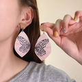 Detailed view of vintage wooden leaf earrings with butterfly print worn by a model - 20# Silver Post - White/Black