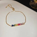 Close-up of gold plated rainbow crystal slider bracelet with adjustable box chain detail - 22# Gold Rectangular Rainbow Gradient Style