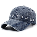 Distressed navy denim baseball cap with letter embroidery and lightning patch - Adjustable / Navy Blue