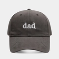 Detailed close-up of white DAD letter embroidery on dark grey twill cotton baseball cap - Adjustable / Gray