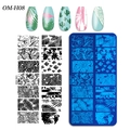 Rectangle nail art stamping plate OM-H08 with tropical leaves and flamingo patterns - Tropical Flamingo and Cactus Style (OM-H08)
