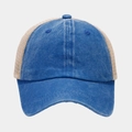 Vintage washed blue denim trucker hat featuring breathable beige mesh back panels - Adjustable / Blue