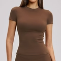 Women's quick-dry yoga short sleeve top in deep coffee color for fitness and running - Chocolate Brown