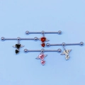 Industrial barbell earrings with devil wings and colorful heart-shaped cubic zirconia - Silver Pink Heart Wing