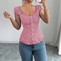 Elegant women's short sleeve top with red and white vertical stripes and heart neckline - S / Burgundy