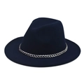 Close-up of a dark blue wool fedora hat featuring a silver metal chain band detail - Navy Blue Hat Silver Chain