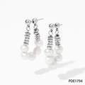 Silver beaded stainless steel drop earrings featuring natural freshwater pearls - Silver PDE1794