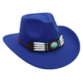 Close-up of ethnic turquoise bead band on navy blue wool felt western cowboy hat - One Size / Sapphire Blue