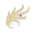 Elegant gold feather brooch with white crystals, pink gemstone and a large white pearl - Gold Feather with Artificial Pearl and Pink Gem (XFJ028)