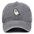 Close-up of cat embroidery and washed texture on high-quality dark grey cotton baseball cap - Gray