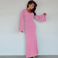 Close-up of the ribbed knit texture and long sleeve detail on a pink slim-fit maxi dress - S / Dresses / Pink