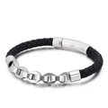 Men's black woven leather bracelet with silver stainless steel links and magnetic clasp - 21cm / Steel Color (Brushed Surface)
