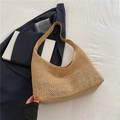 Khaki woven straw hobo shoulder bag with leather trim and half-moon design for beach travel - Khaki