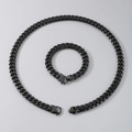 Set collana e bracciale a maglie cubane in acciaio inossidabile nero lucido per unisex - Catena tonda lucida (Nero) / Bracciale 9mm 21,5cm