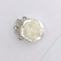 White faux pearl rose flower charm with silver leaves and sparkling rhinestones - D1656 Pearl Flower