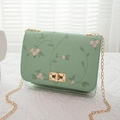 Light green shoulder bag with floral embroidery, gold chain and transparent panel - Green