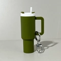 Green silicone tumbler keychain charm with white straw and silver metal hook for lip balm - Army Green