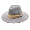 Grey knit fedora hat for men and women featuring a brown ribbon and rhinestone buckle - Gray