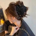Pince à cheveux élégante en tweed noir avec paillettes et emblème doré pour femmes - Pince à cheveux noire / Noir
