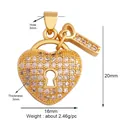 Detailed view of micro-pave heart lock and key pendant with precise size measurements - Heart Pave Lock and Key / Gold