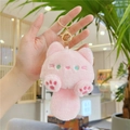 Pink plush cat keychain held by hand featuring a metal ring and clip for backpack decor - Gold Lobster Clasp / Pink