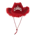 Red cowgirl hat with fluffy feather trim and sparkling rhinestone crown on white background - Adult Size (58cm) / Red Feather