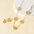 Golden five-petal flower jewelry set including necklace and stud earrings with metal texture - Necklace + Earrings