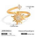 Verstellbarer goldener Edelstahl-Sonnenring mit funkelnden weißen Strasssteinen - Sonne Offener Ring (JDR0306011)