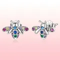 S925 sterling silver bee stud earrings featuring vibrant colorful cubic zirconia stones - 925 Silver / Colorful Bee