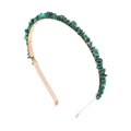 Detail showing natural green stone fragments wrapped in gold wire on a metal headband - Green