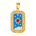 Macro shot of gold rectangle pendant with blue enamel, stars, and crystals on a white background - HD-13 (Sun and Clouds)