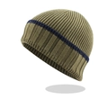 Detail of ribbed knit texture on olive green beanie with navy blue stripes - Army Green