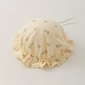 Close-up of cream double-layer cotton baby bonnet with red floral print and ruffle brim - 35-43cm (0-12 Months) / Little Floral