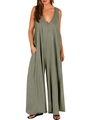 Army green sleeveless V-neck wide leg jumpsuit with side pockets for summer wear - Army Green