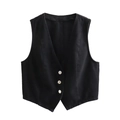 Detail of a black V-neck waistcoat featuring three silver metal buttons and twill texture - XS / Black Vest