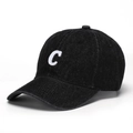 Close-up of vintage black washed denim baseball cap with white embroidered letter C - Black Embroidered Letter C Style (HDB252)