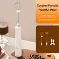 White cordless electric hand mixer set with dual whisk heads and USB charging cable - R3 Double Head / White