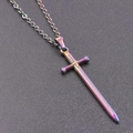 Close-up of rainbow iridescent stainless steel fencing sword pendant with cross chain link - Pendant with Necklace / Rainbow