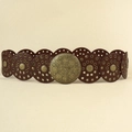 Detail of vintage burgundy belt with round leather panels and large bronze floral buckle - Bronze Red-Brown 101cm